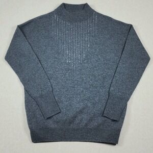 Neiman Marcus Cashmere Sweater Womens Medium Gray Sequin Beaded Neck Pullover